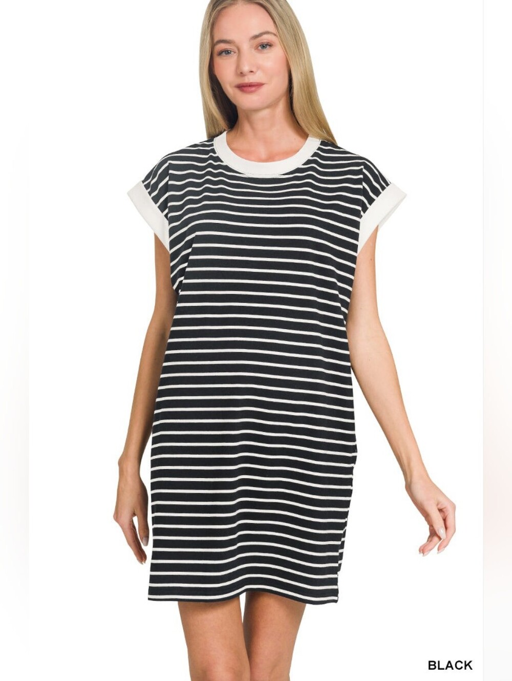 ​Zenana Black & White Striped Cuffed Sleeve T-Shirt Mini Dress W/ Pockets Cotton